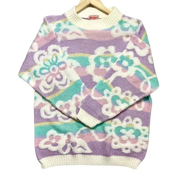 Vintage 80’s Spunky Fairy Kei Kawaii Pastel Flower Print Sparkle Knit Sweater - Picture 1 of 4